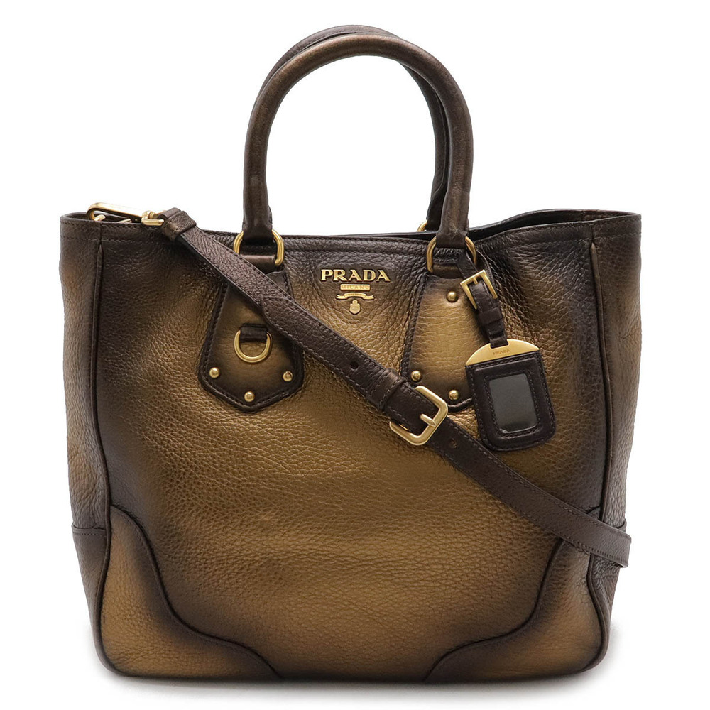 Prada Vitello Daino ANTIK Tote Bag Shoulder Metallic Leather BRONZO Brown